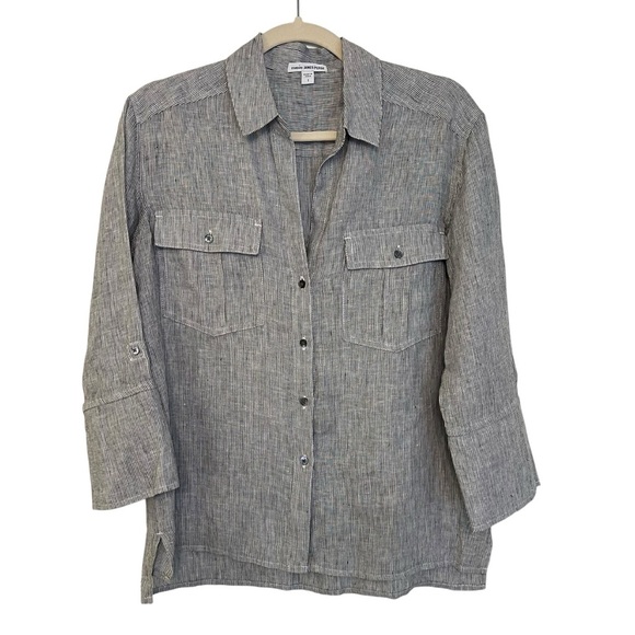 James Perse Linen Stripe Button Front Shirt Black White Size 1 Small Coastal - Picture 1 of 6